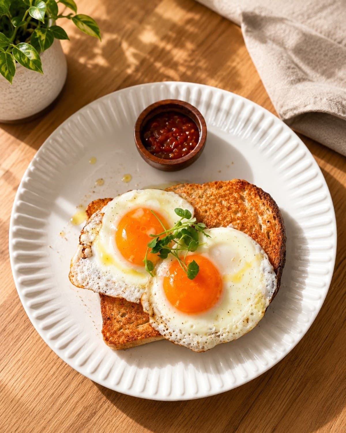 Sunny-side-up eggs on toast with relish