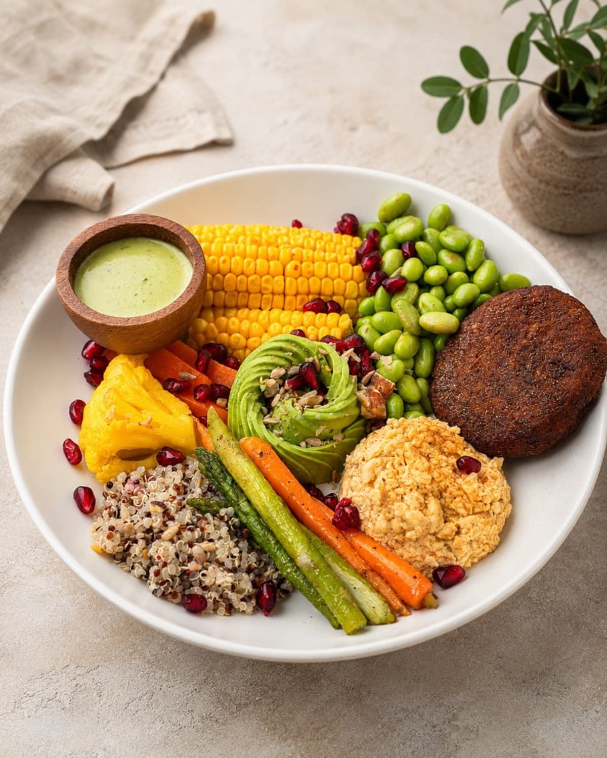 Colourful brunch bowl with quinoa, avocado, veggies and hummus
