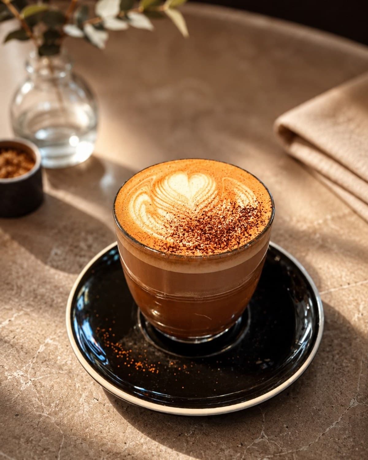 Chai latte in a glass with heart latte art and cocoa dusting