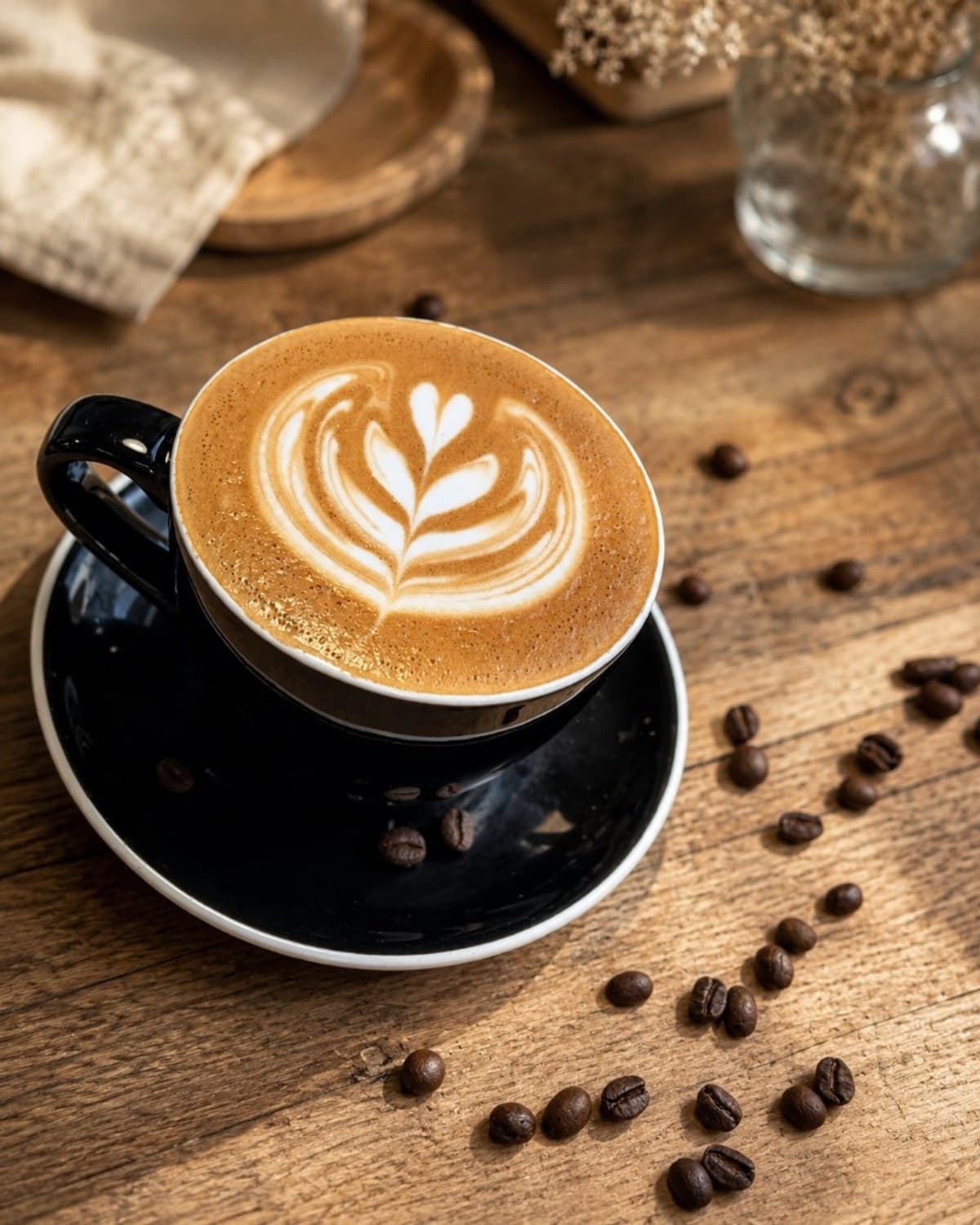 Latte with tulip latte art in a black cup on a wooden table