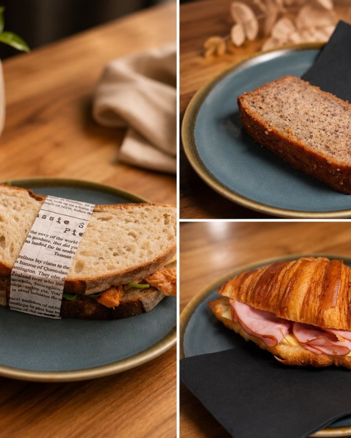 Grab N’ Go collage with toastie, banana bread and ham croissant