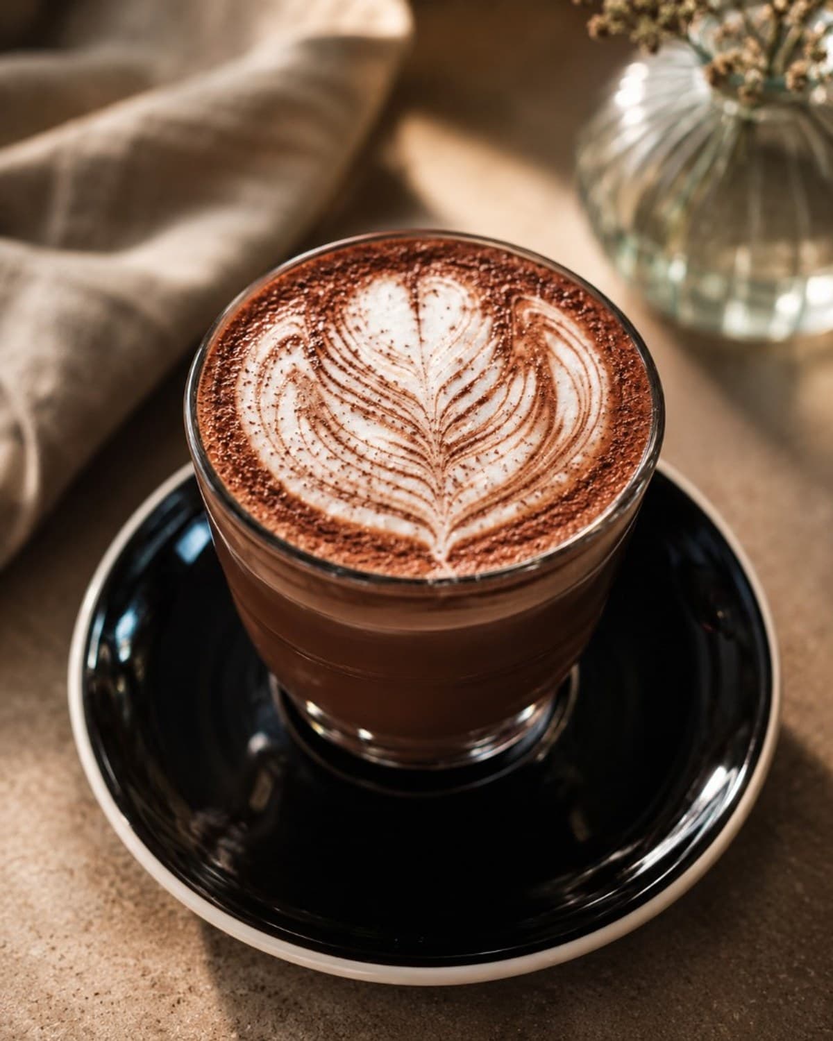 Hot chocolate in a glass with rosetta latte art and cocoa dusting