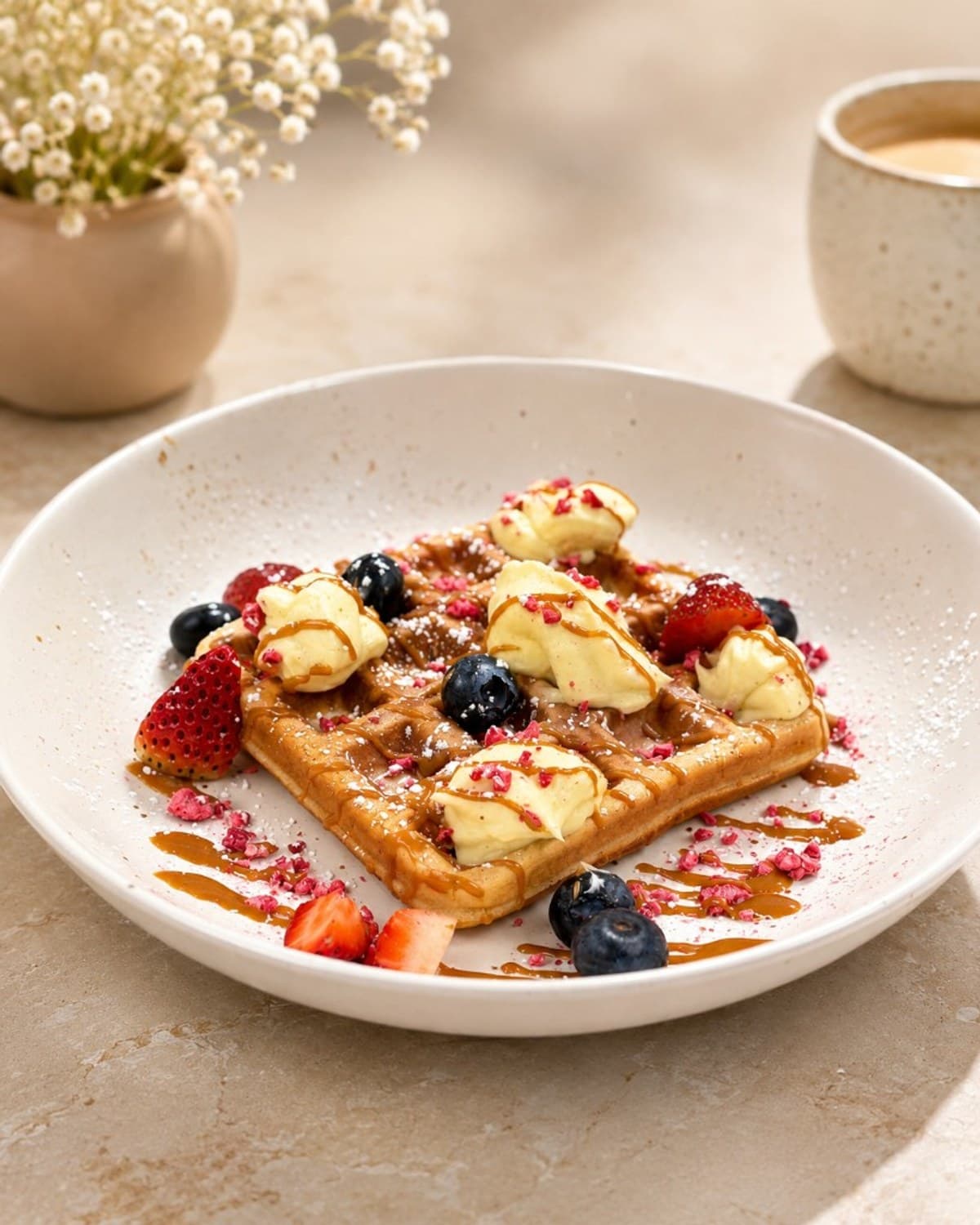 Belgian waffle with cream, berries and caramel drizzle